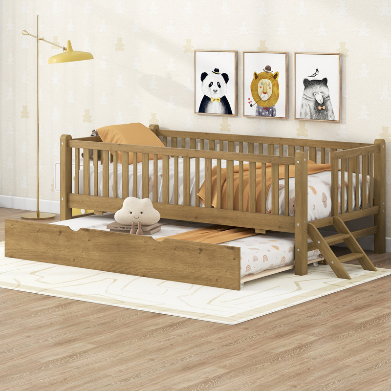 Wood Twin Size Platform Bed with Guardrail and Trundle, Walnut, Walnut