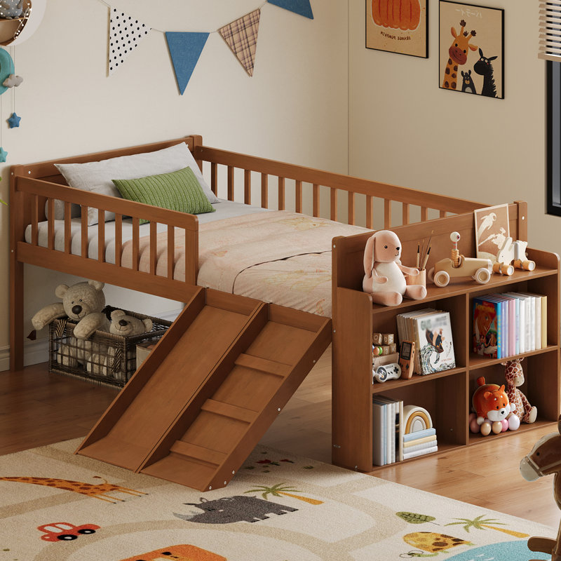 Lit plateforme avec garde-corps, tablette de rangement simple, glissade et noyer, sans sommier, conception de mobilier de chambre peu encombrante
