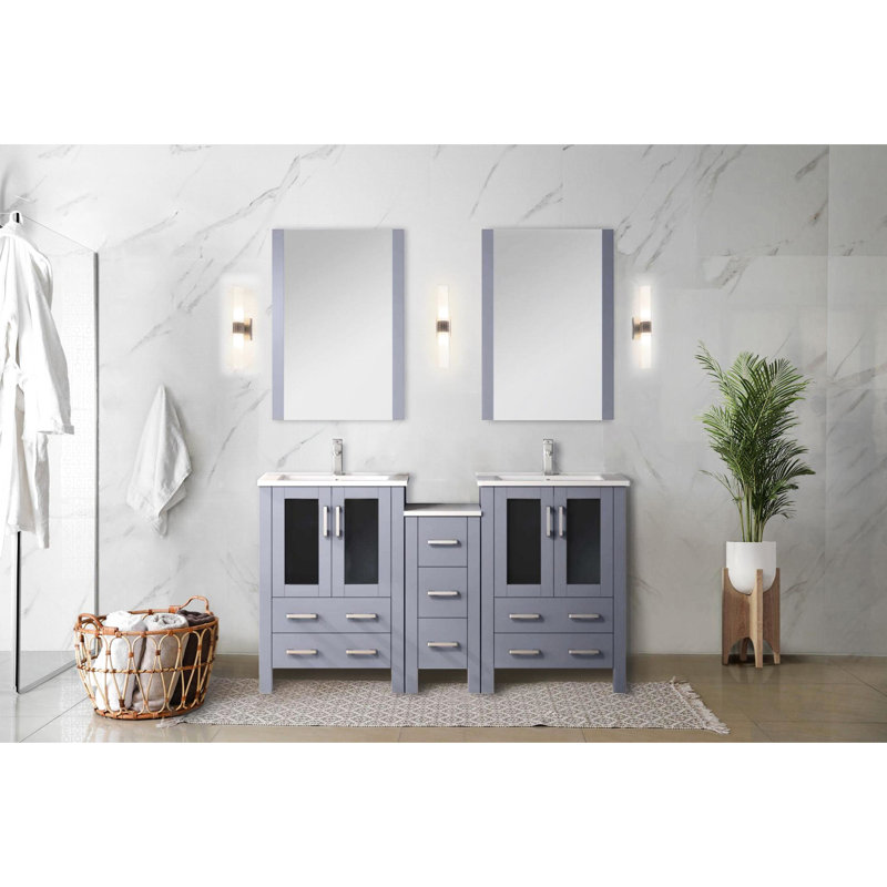 Meuble-lavabo double gris foncé 60 po W avec plateau en céramique blanche, 22 miroirs, mécanisme de fermeture en douceur et rangement utile dans les tiroirs