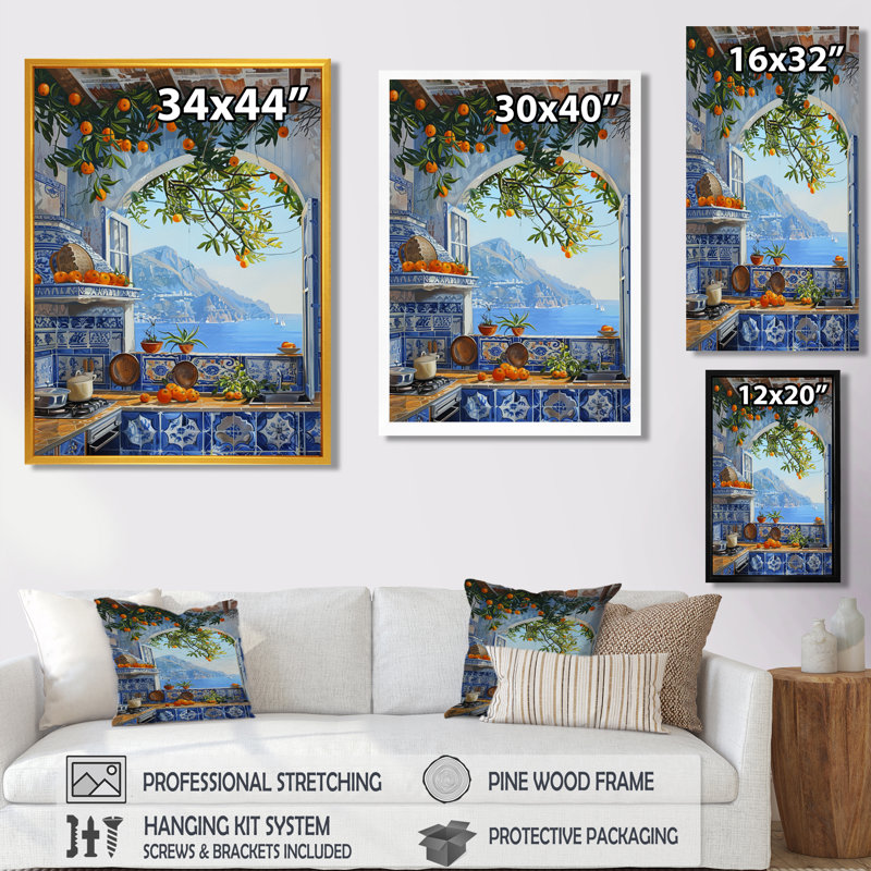 Fenêtre vue de la mer méditerranée cuisine oranges I - cuisine, art mural, Toile tendue, H 40 po x l 30 po x P 1,5 po