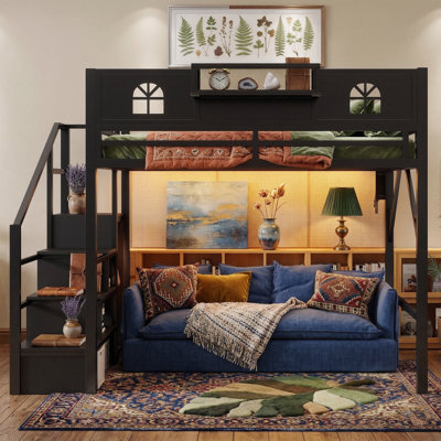 Lit mezzanine en métal avec garde-robe et escalier de rangement, lumières DEL et ports USB