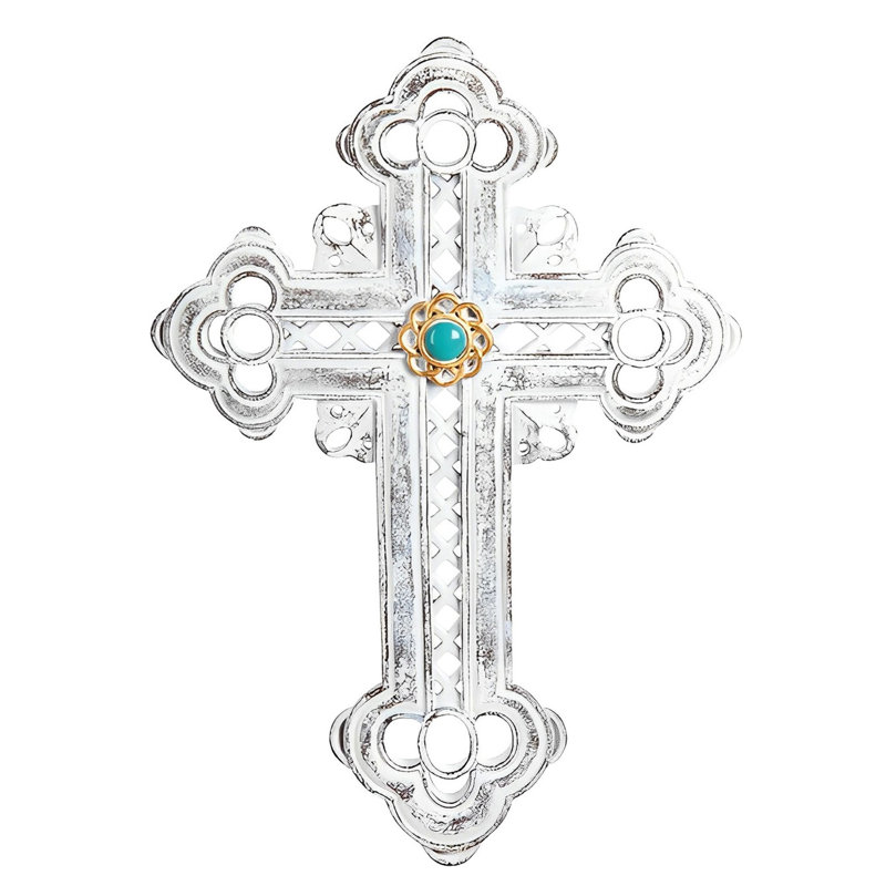 Plaque murale en croix en argent 13,5 "avec pierre turquoise