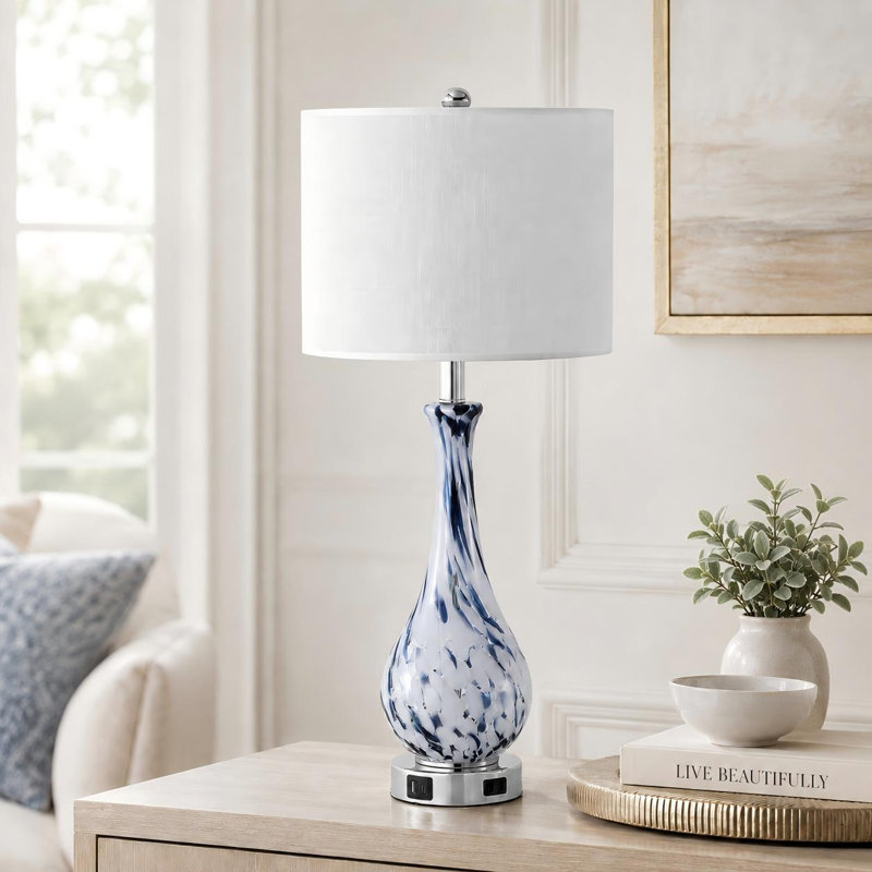 Darrius 27.5" Blue Glass Table Lamp with USB Type-C Ports and Built-in Outlet
