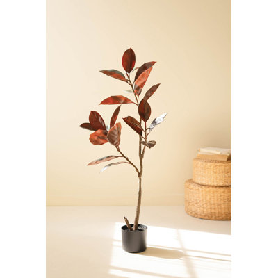  Artificial Rubber Tree 45" H Green Plastic Faux Potted Floor Plant in Black Pot