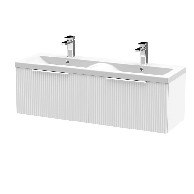 Fluted 1205mm Double Bathroom Vanity with Drop In Vitreous China Basin, Satin White