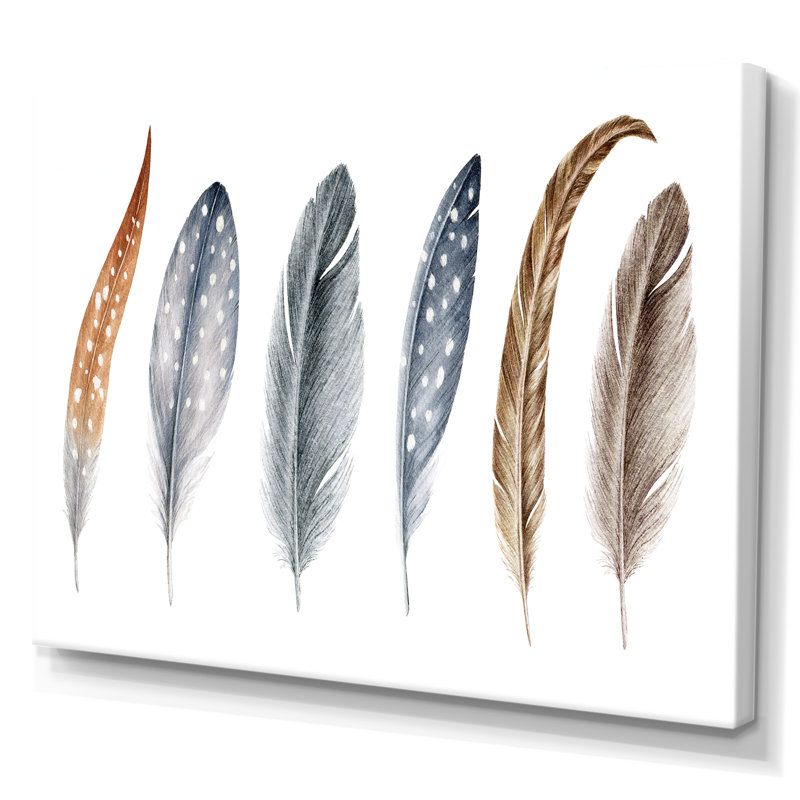 «Grey Boho Polka Dot Feathers I», peinture sur toile, H 40 po x l 60 po x P 1,5 po, Toile tendue