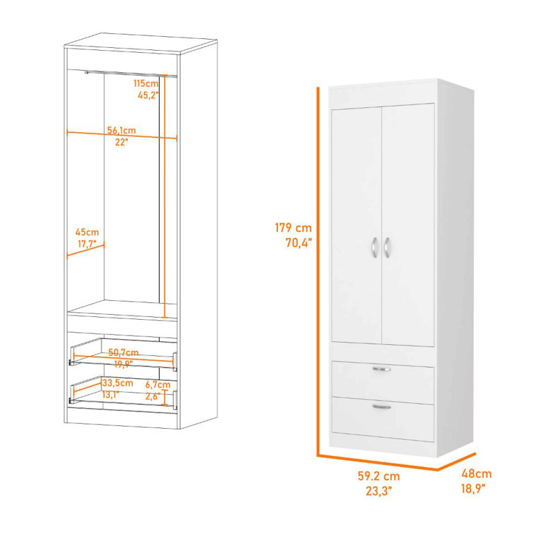 Armoire 2 tiroirs pour chambre à coucher, Blanc