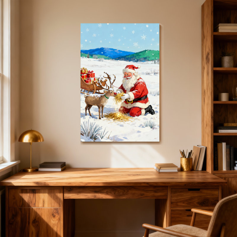 Père Noël de Noël nourrissant des rennes dans un paysage enneigé, H 40 po x l 28 po