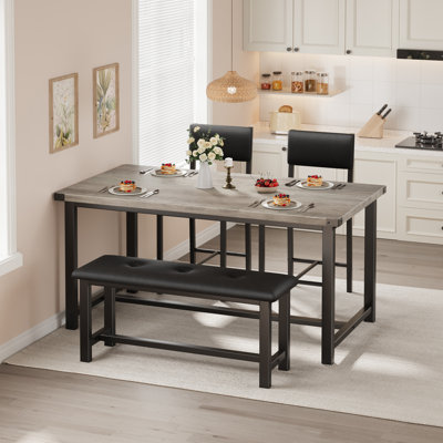 Ensemble de table de salle à manger 4 pièces gris, table de cuisine avec banc rembourré et chaises, mobilier de salle à manger peu encombrant pour petits appartements