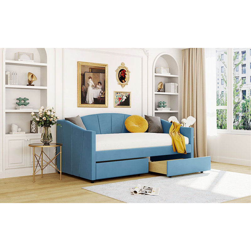 Lit de jour rembourré simple avec deux tiroirs et lattes de bois, bleu