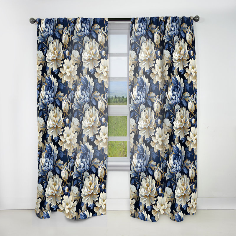 Harmonie damassée Zen - blanc et bleu - rideau damas - rideau obscurcissant - 1 panneaux, L 52 po x L 90 po