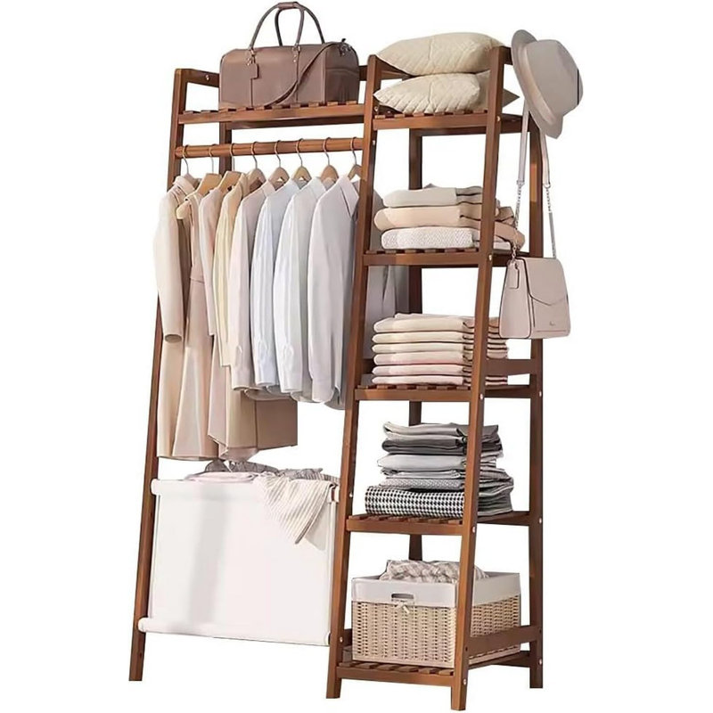 Étagère à vêtements en bambou avec rangement pour sacs - Organisateur de vêtements multifonctionnel,  Brun