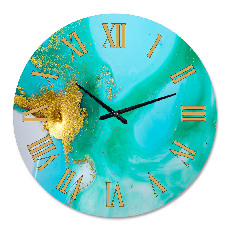 Or et vert marbré texture ondulée II - horloge murale moderne, Surdimensionné