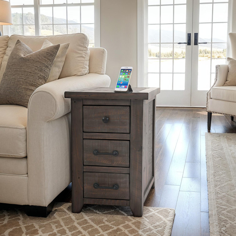 Yoji Solid Wood 3 - Drawer End Table and Built-In Outlets