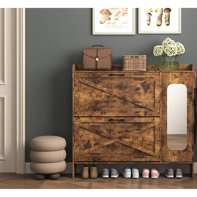 Narrow Shoe Organizer In Rustic Brown With 2 Flip Drawers And Top Fence For Keys, Freestanding Rack Hallway, Easy To Assemble Safe - Tipping Device Storage Cabinet, Entryway Mirror Adjustable Panels,