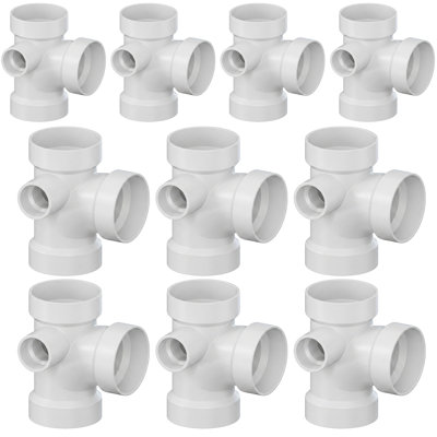 3" x 3" x 3" x 1-1/2" White PVC DWV Sanitary Tee w/ Left Side Inlet All Hub PVC Drain, Waste & Vent Fitting, (10 Pack)