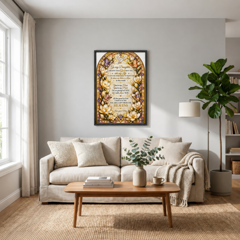 Art encadré doré, vitrail, mère fille, toile, citation, H 24 po x l 18 po