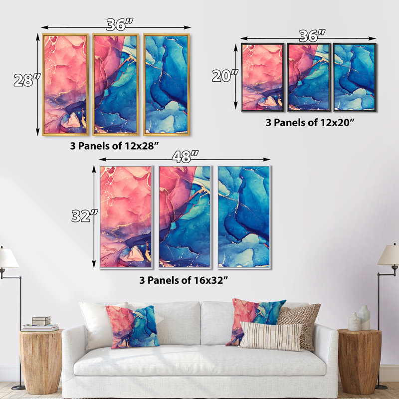 «Red and Blue Liquide Art I», reproduction de cadre flottant 3 pièces sur toile, Cadre blanc, H 32 po x l 48 po x P 1 po