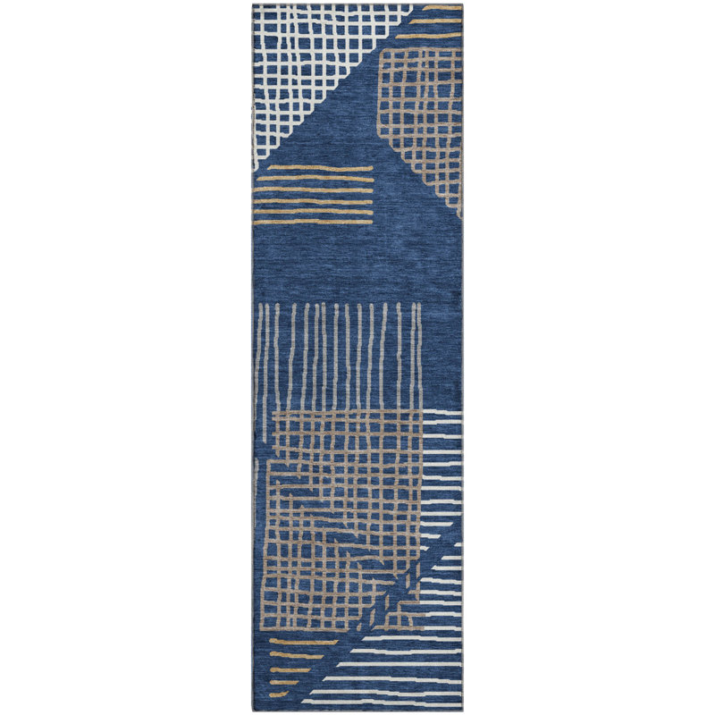 Premium Machine Washable Mayfield AMF2270 Striped Rug, 2'3" x 7'6" Runner, Navy