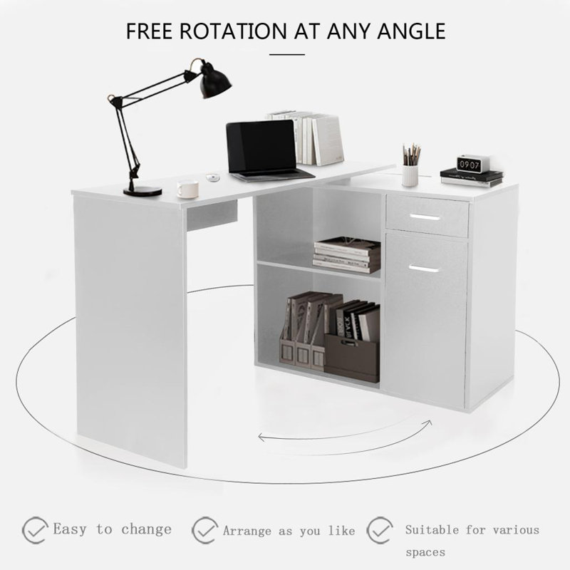 Selena L-Shaped Computer Desk With 4 Storage, White
