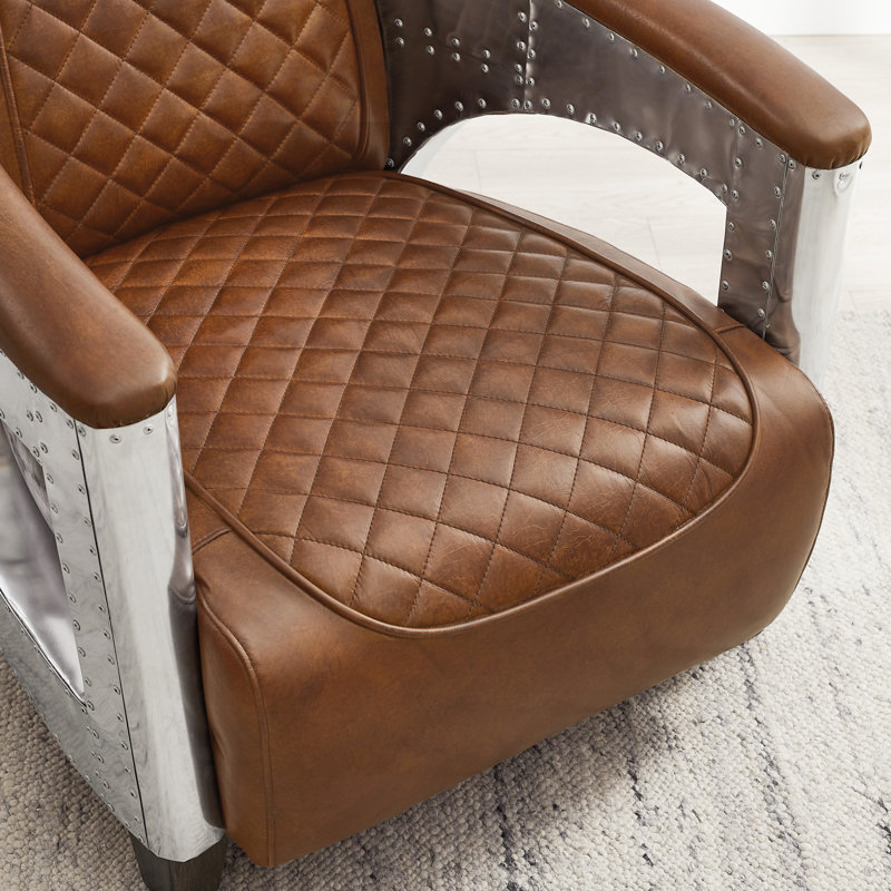 Full Grain Genuine Leather Accent Arm Chair with Nailhead Trim , Brown