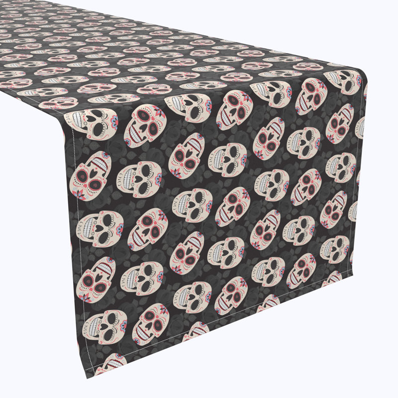 Geometric Halloween Table Runner, 72" x 12", Dia De Los Muertes Skulls