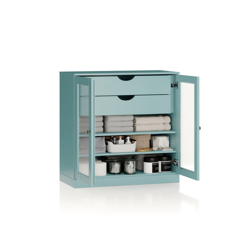 Armoire de salle de bain 100% bois massif 32 po avec portes en verre givré, 2 tiroirs et tablettes réglables, Bleu aqua