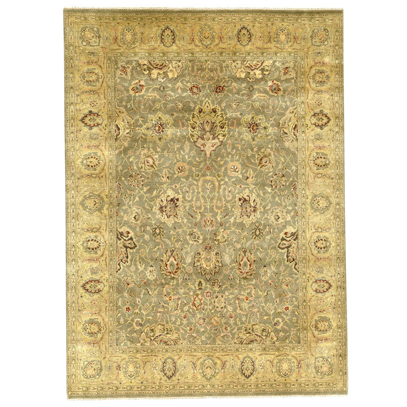 Hand Knotted Wool Oriental Area Rug in Green And Gold