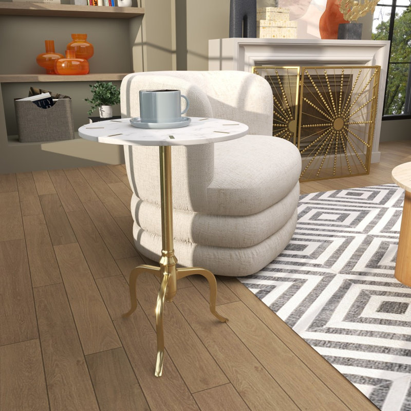 Table d'appoint latérale en marbre blanc avec incrustation dorée et base à volutes, 18 po x 18 po x 25 po