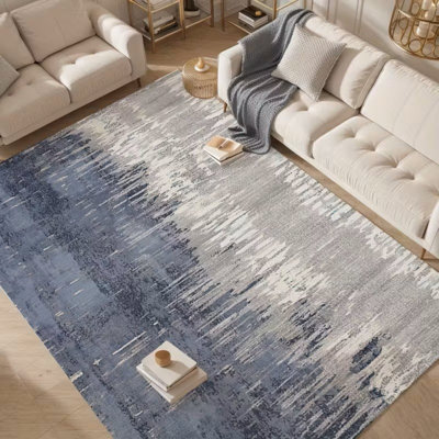 Tapis lavables 9 x 12 pour salon, tapis antidérapant et à poils courts à imprimé rétro pour grands tapis d'intérieur, bleu