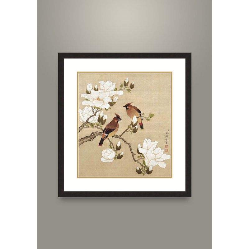 Magnolia and Rosefinches by Yu Zhi - Single Picture Frame Print, 17.5" H x 13.5" W x 0.94" D, Black