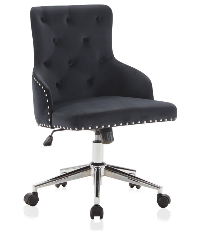 Chaise de bureau ergonomique en velours Baylor, Chrome, Noir