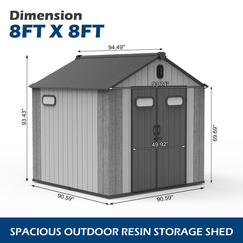 Remise de rangement extérieure en plastique, H 93,43 po x l 93,74 po x P 94,49 po