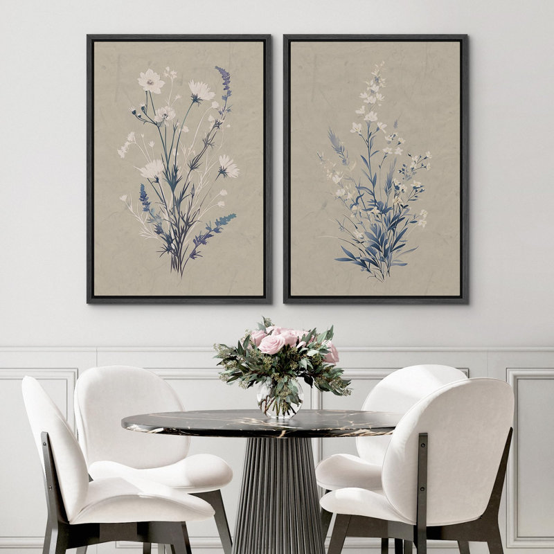 «Elegant Floral Silhouettes Botanical», 2 pièces sur toile, Cadre noir, H 36 po x l 24 po
