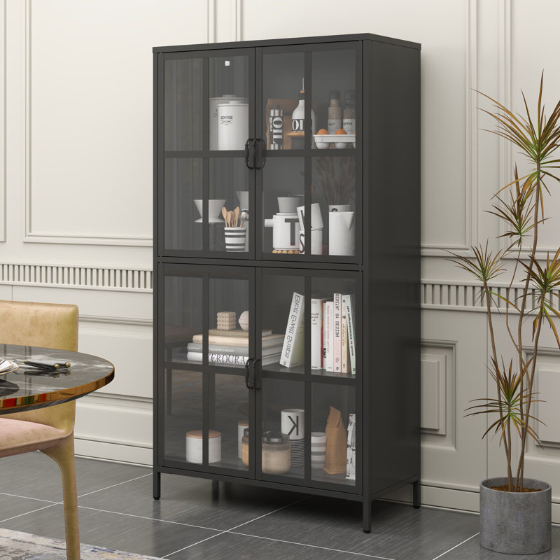 Armoire de rangement en métal noir de qualité supérieure avec portes en verre trempé, tablettes réglables, dispositif anti-basculement, fermeture silencieuse magnétique et pieds réglables pour la maison et le bureau