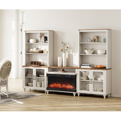 Sideboard Cabinet With Bar Hutch, Vintage Wood Grain Design, Buffet Cabinet With 36" Electric Fireplace And Glass Doors, White, 105 Inch