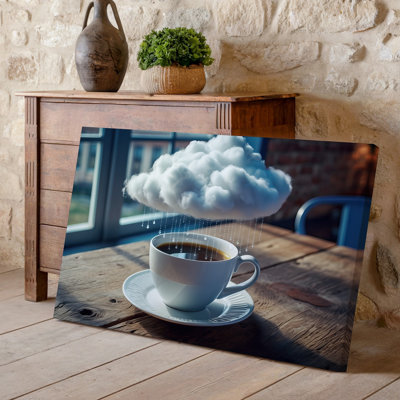 Canvas A Steaming White Coffee Cup Sits On A Rustic Wooden Wall Art Table With A Delicate Saucer Beneath It Capturing A Cozy For Canvas Wall Art