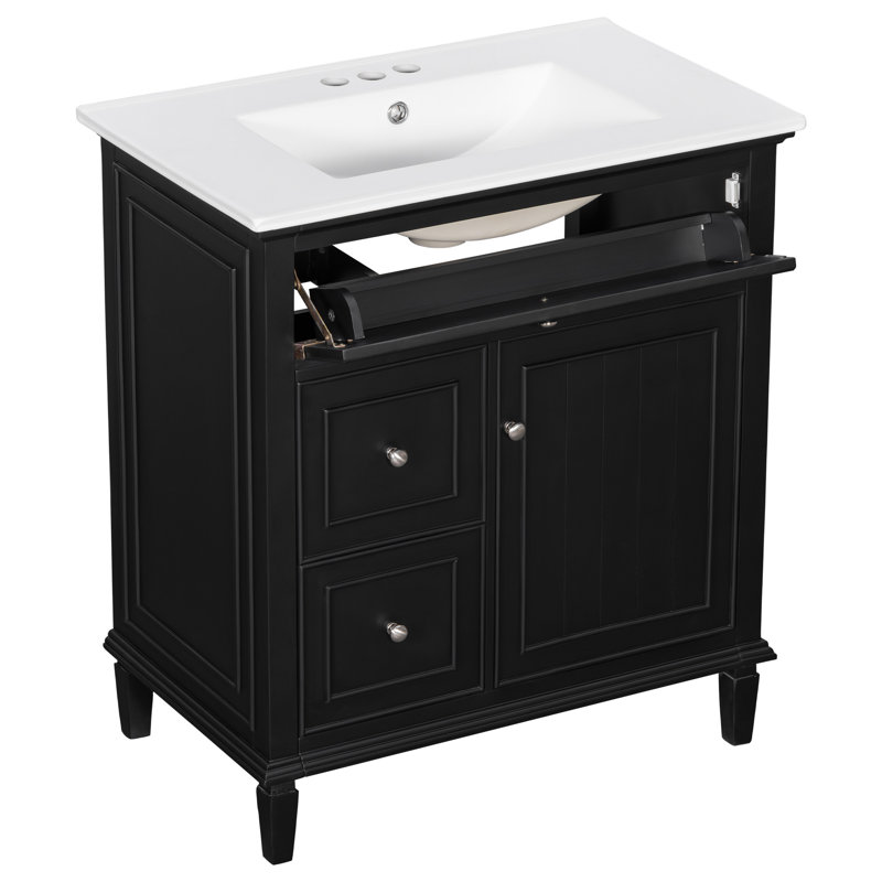 Meuble-lavabo traditionnel noir de 76 cm (30 pouces) avec lavabo, tiroir rabattable et deux tiroirs, tablette réglable