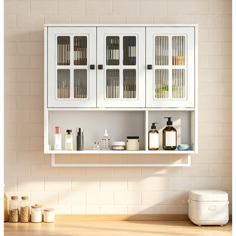 Armoire de rangement murale moderne minimaliste avec portes en verre trempé cannelé, tablettes amovibles et porte-serviettes, armoire de rangement flottante pour salle de bain