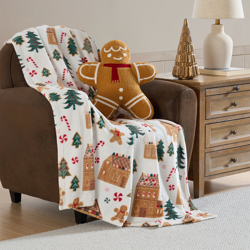 Ensemble de 2 pièces Hallmark Pain d'épices pour les fêtes : couverture en peluche et coussin décoratif