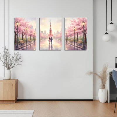 Ensemble de 3 toiles murales représentant un couple romantique et les fleurs de cerisier à la tour de Tokyo