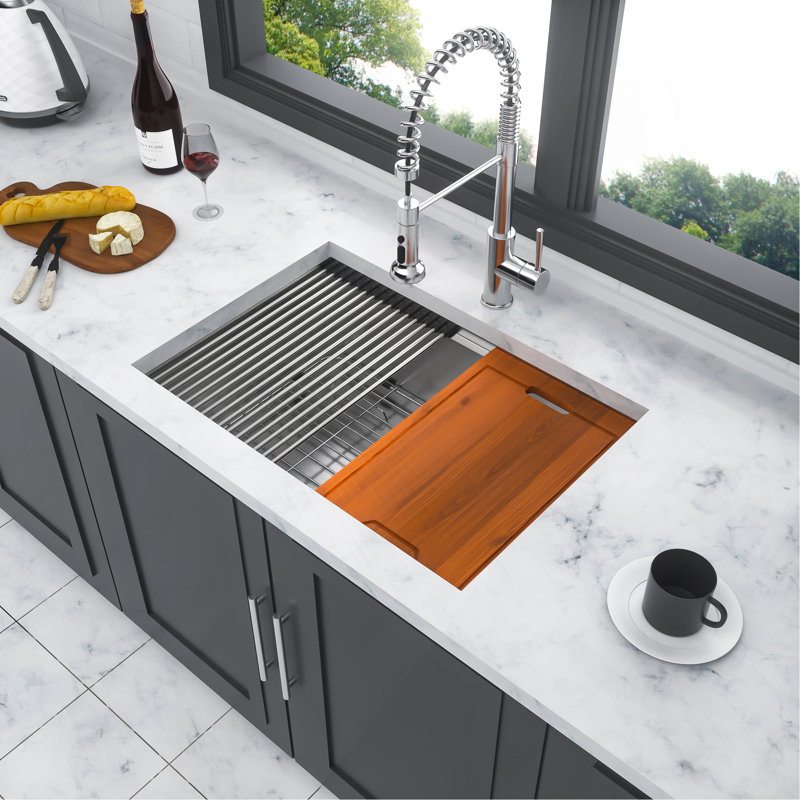 Single Bowl Undermount Workstation Kitchen Sink - 27"X19"X 10" Inch 16 Gauge Stainless Steel Deep Sink