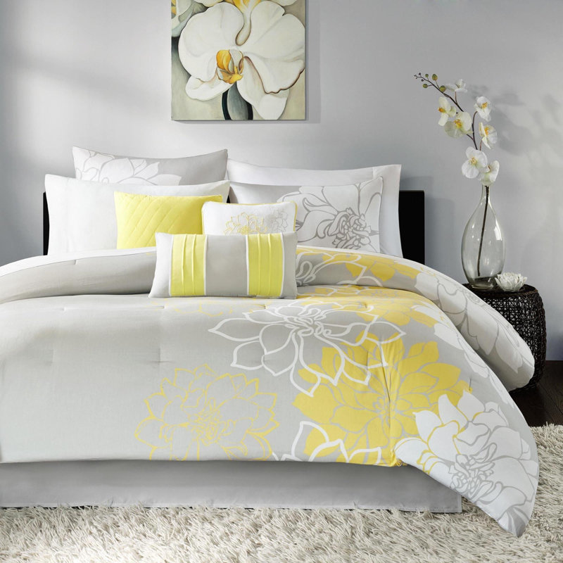 Ensemble d'édredon en coton 7 pièces, Grand édredon et 6 pièces supplémentaires, Jaune; gris