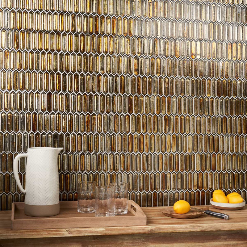 Komorebi 1X3 Picket Polished Glass Mosaic Tile, Firefly Gold