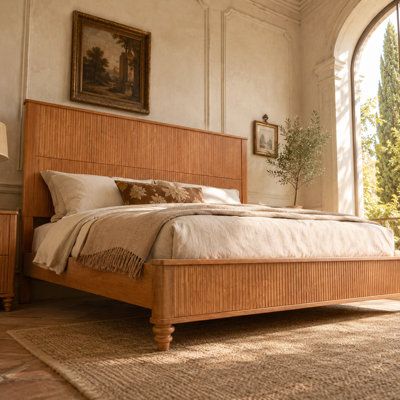 Norvessa Platform Bed with 54" Tall Headboard, Natural Rubberwood Bed Frame with Wood Slat Support, No Box Spring Needed