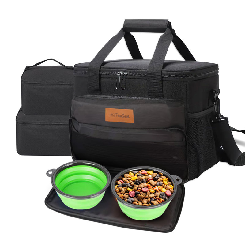 Fourre-tout pour animaux de compagnie Pawseat Week-Away, sac de voyage avec porte-repas intégrés, noir moyen