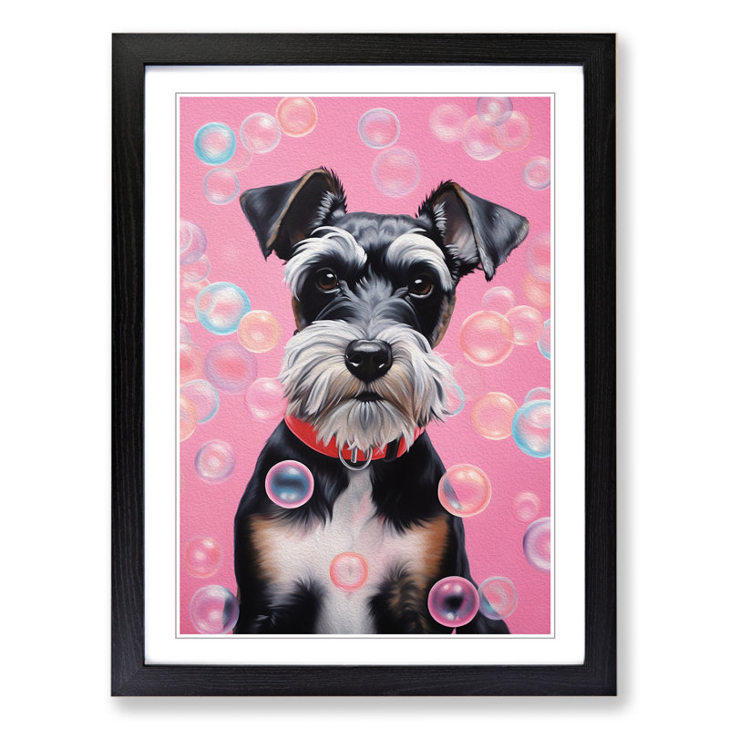 Schnauzer Bubble Gum Painting - Single Picture Frame Print on Wood, 46cm H x 34cm W x 2cm D, Black