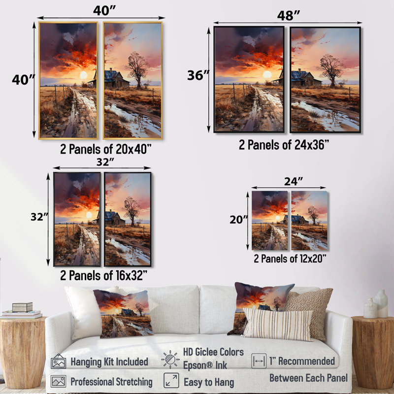 «Sunrise Countryside Farm Unveilé II», reproduction d'art sur toile, H 32 po x l 32 po, Noir, Impression encadrée flottante