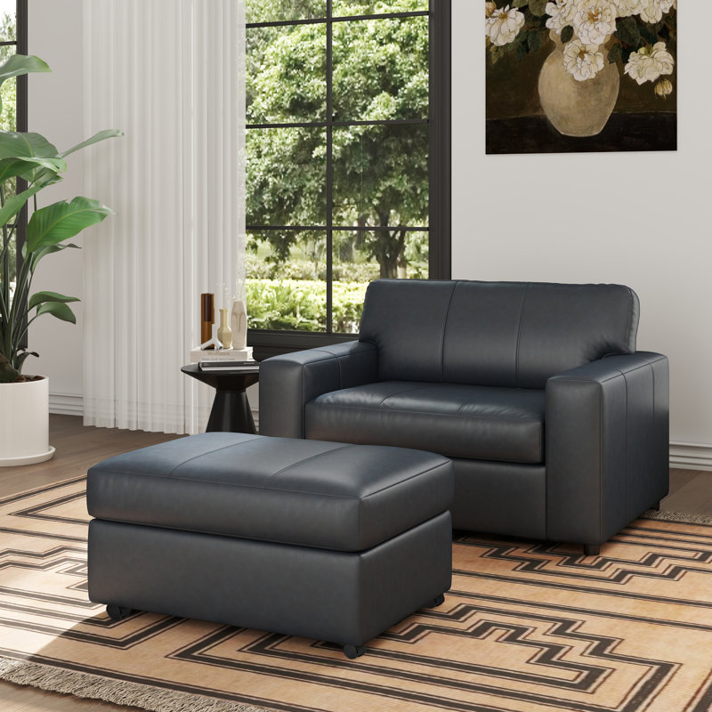 Caro Espinoza Leather Upholstered 2-Piece Living Room Set, Cutler Chair And Ottoman, Blue