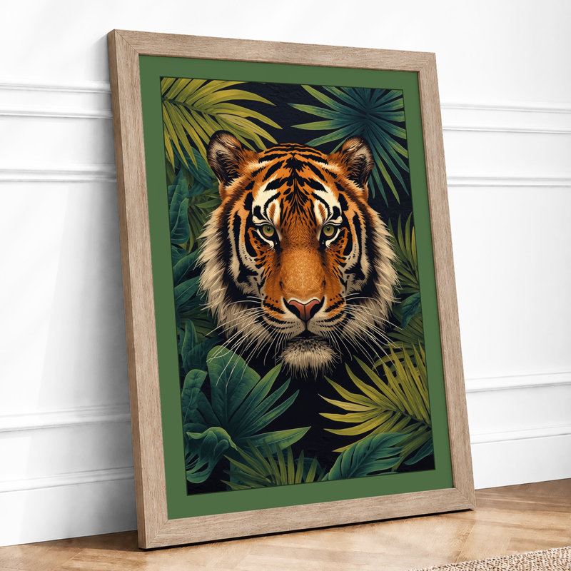 Tiger in the Jungle Tropical - Framed Print, A1 - 84.1 x 59.4 cm, Oak
